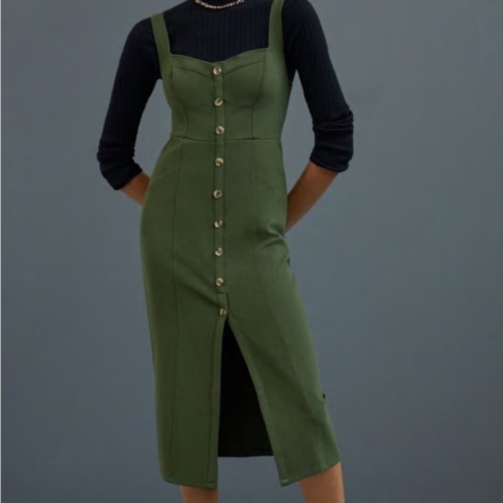 Maeve Green Sheath Midi Dress with Square Neck